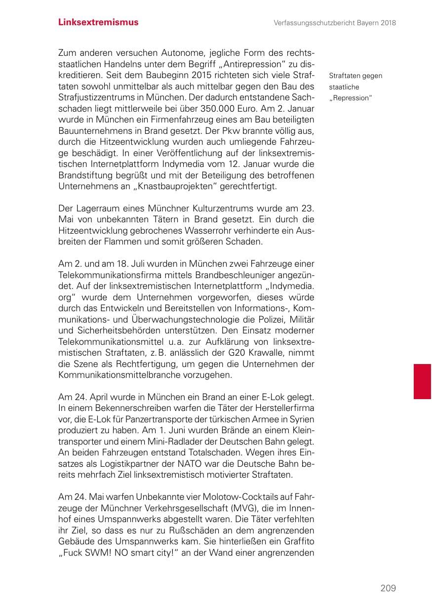 Seite 209 des Verfassungsschutzbericht 2018 Bayern