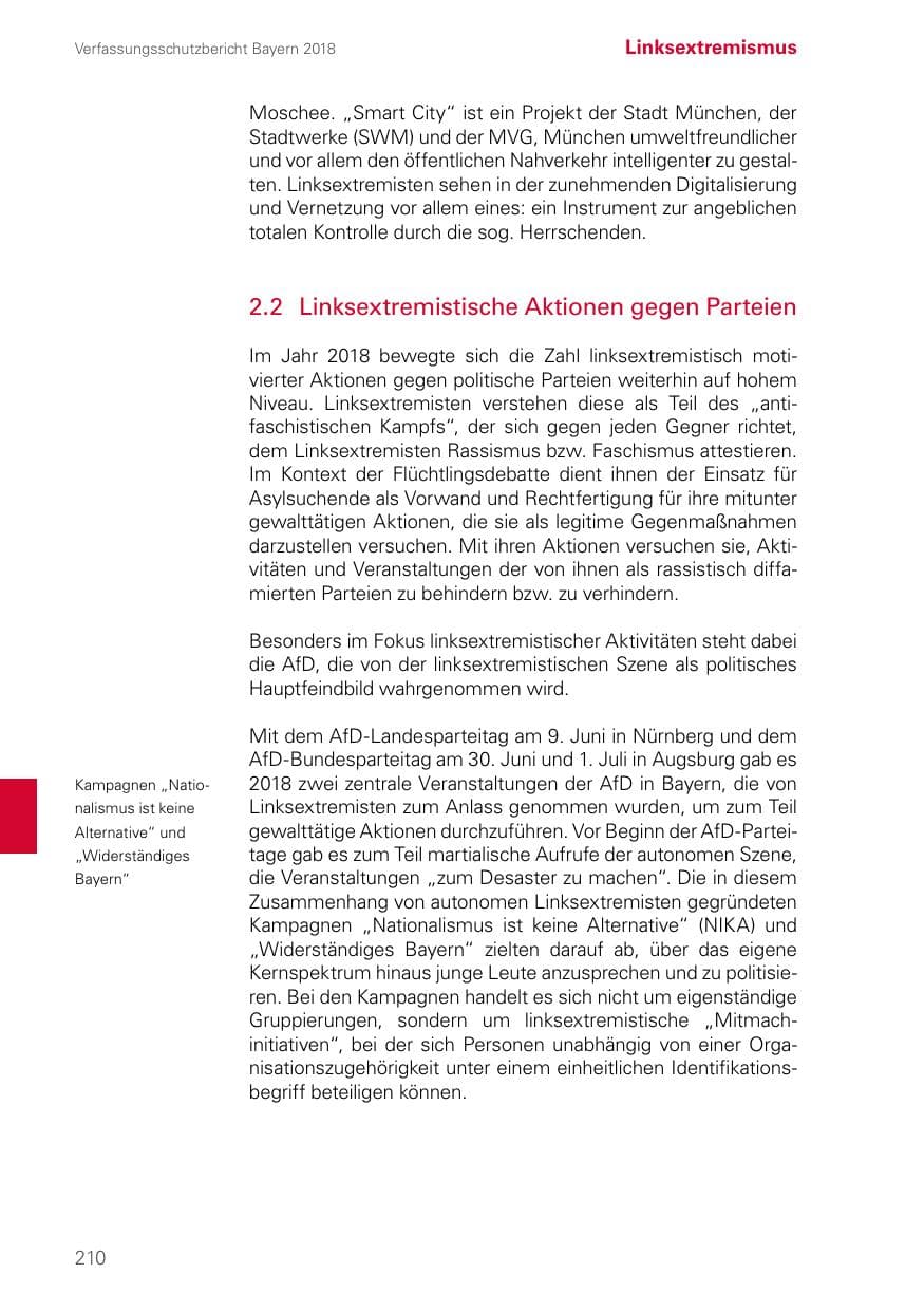Seite 210 des Verfassungsschutzbericht 2018 Bayern