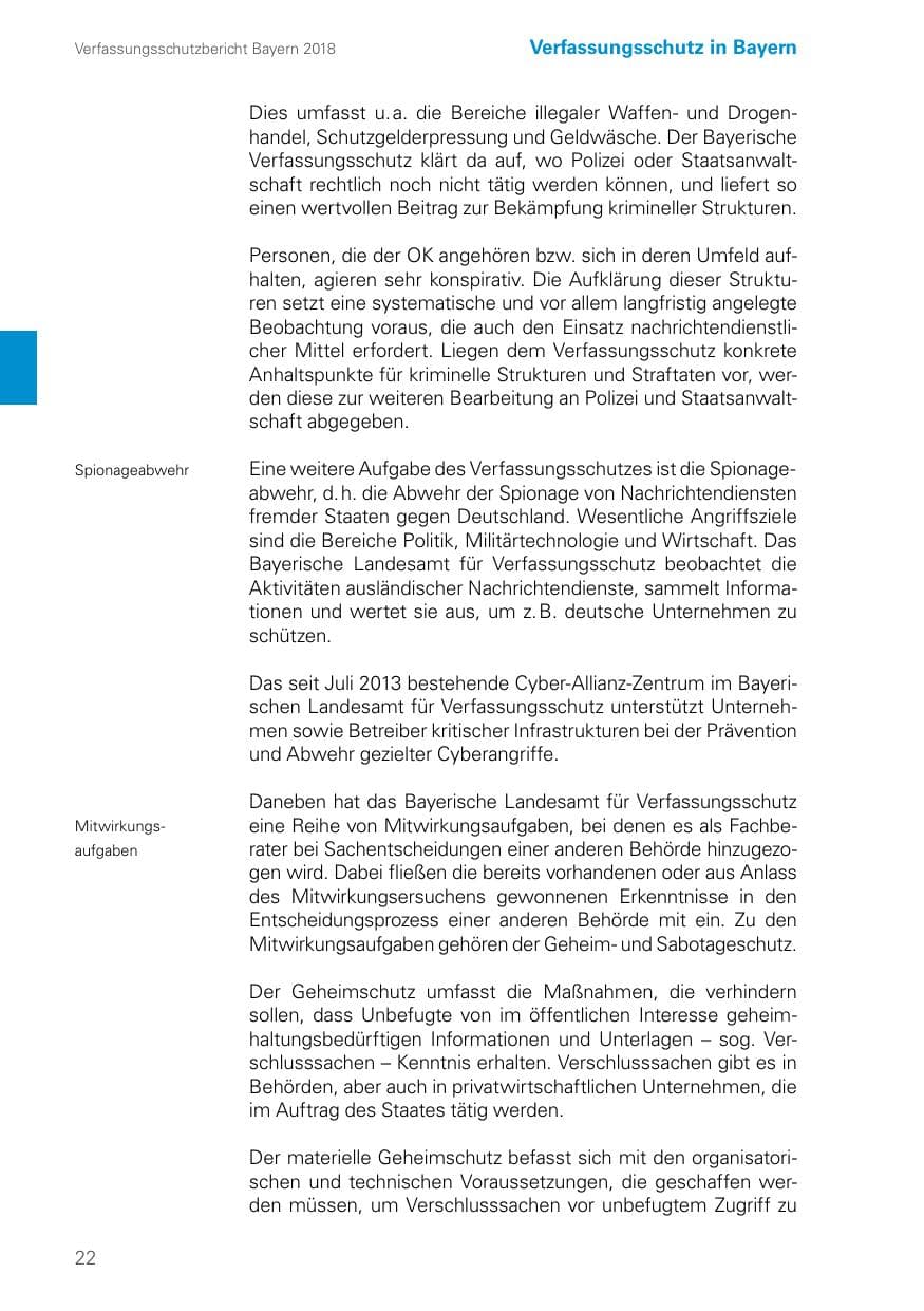 Seite 22 des Verfassungsschutzbericht 2018 Bayern