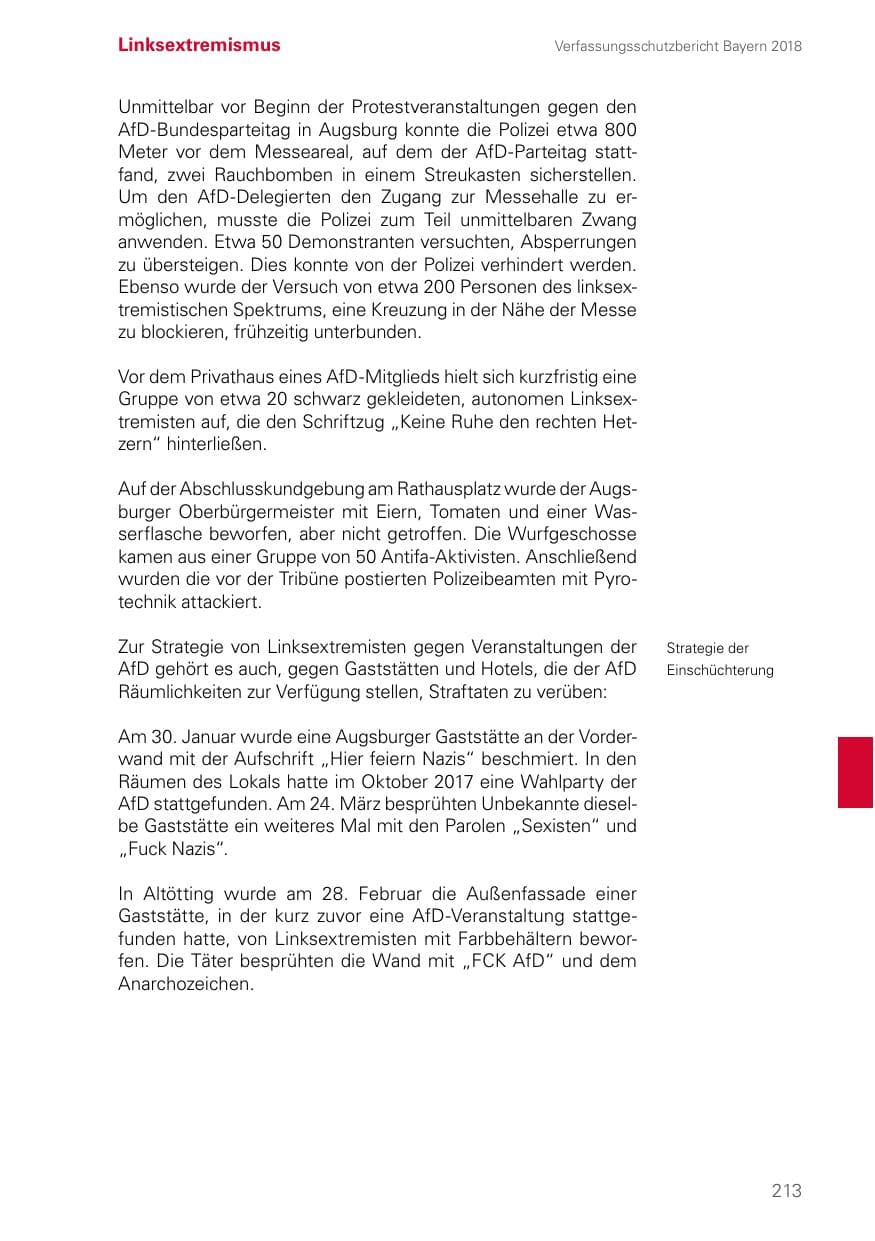 Seite 213 des Verfassungsschutzbericht 2018 Bayern
