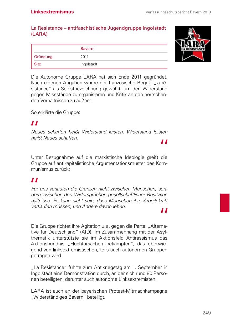Seite 249 des Verfassungsschutzbericht 2018 Bayern
