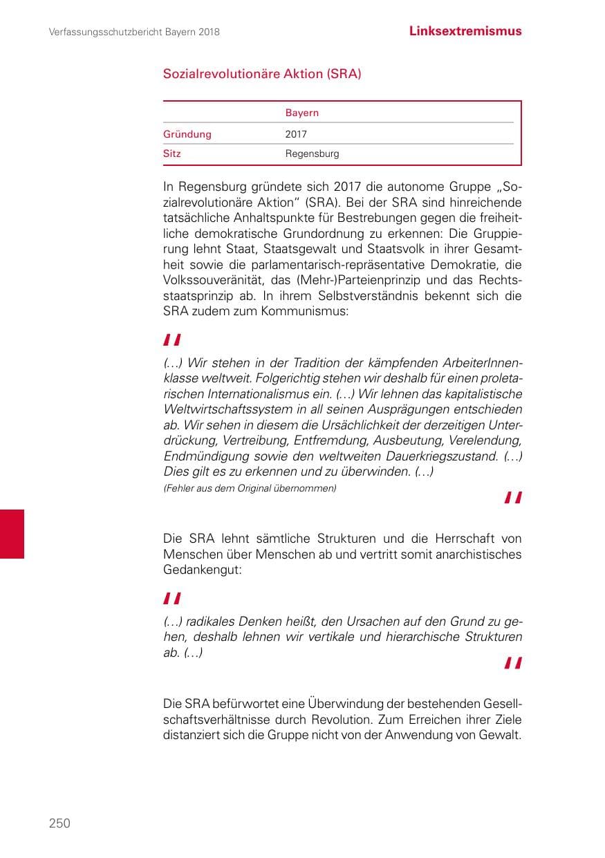 Seite 250 des Verfassungsschutzbericht 2018 Bayern