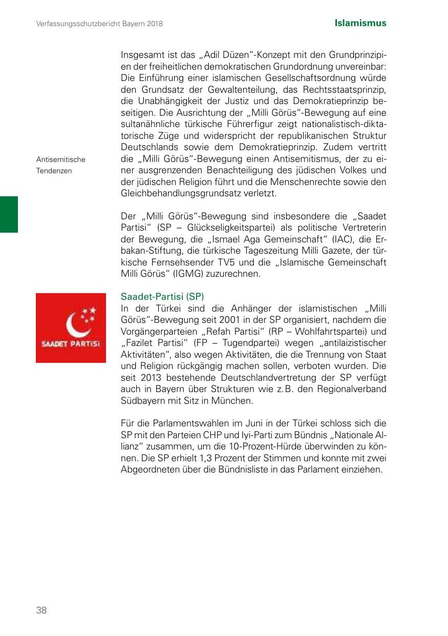 Seite 38 des Verfassungsschutzbericht 2018 Bayern