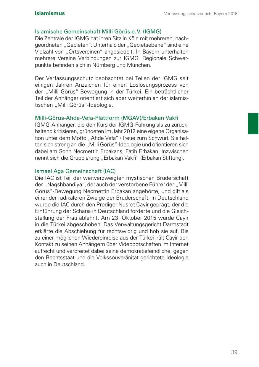 Seite 39 des Verfassungsschutzbericht 2018 Bayern