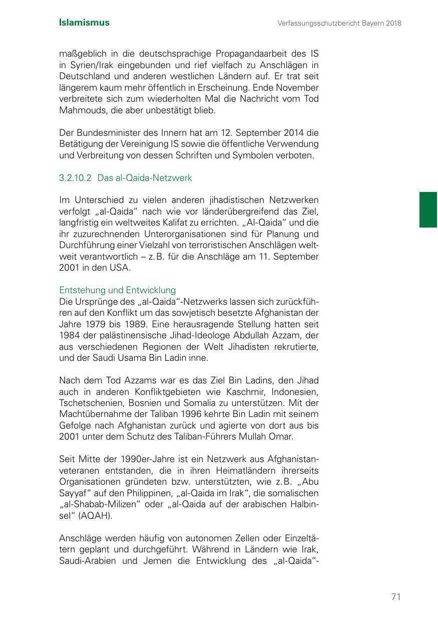 Seite 71 des Verfassungsschutzbericht 2018 Bayern