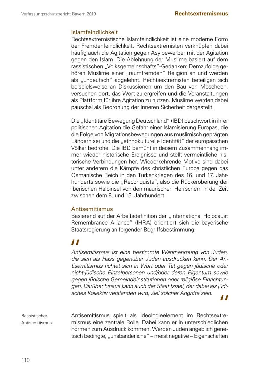 Seite 110 des Verfassungsschutzbericht 2019 Bayern