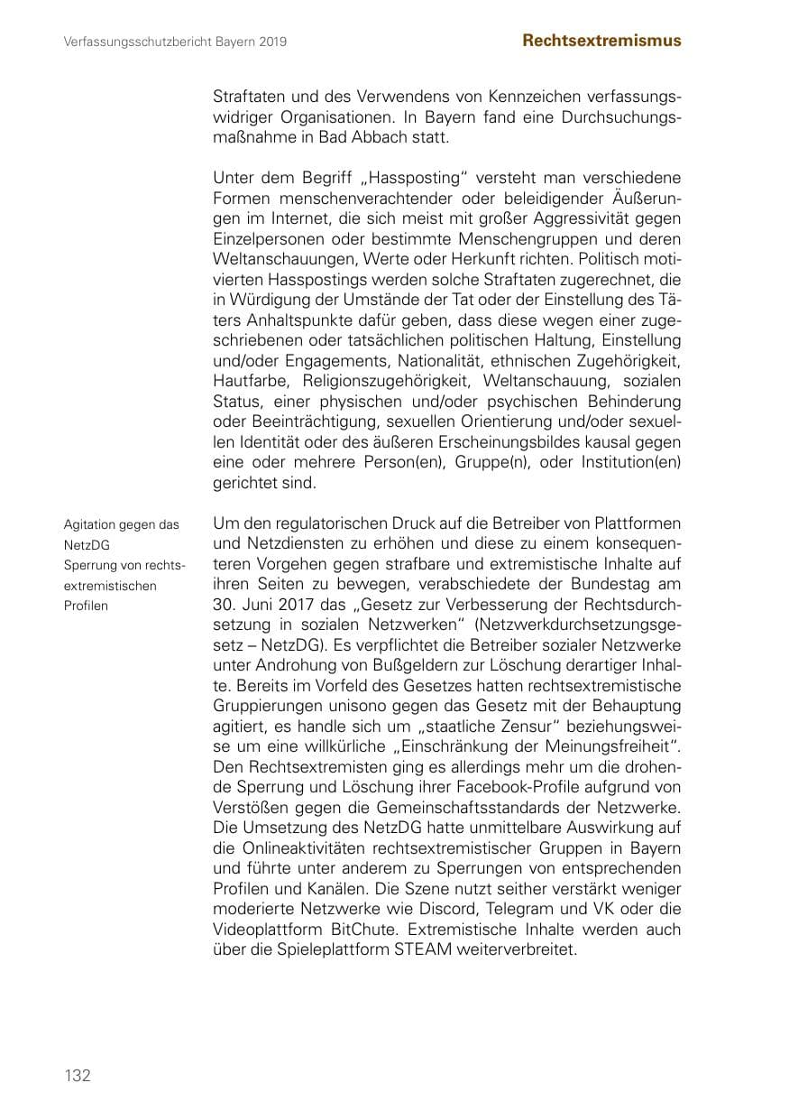 Seite 132 des Verfassungsschutzbericht 2019 Bayern