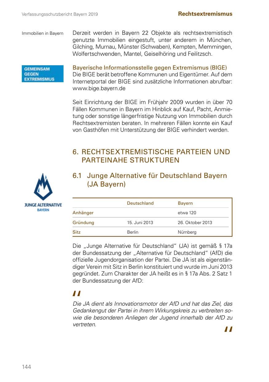 Seite 144 des Verfassungsschutzbericht 2019 Bayern