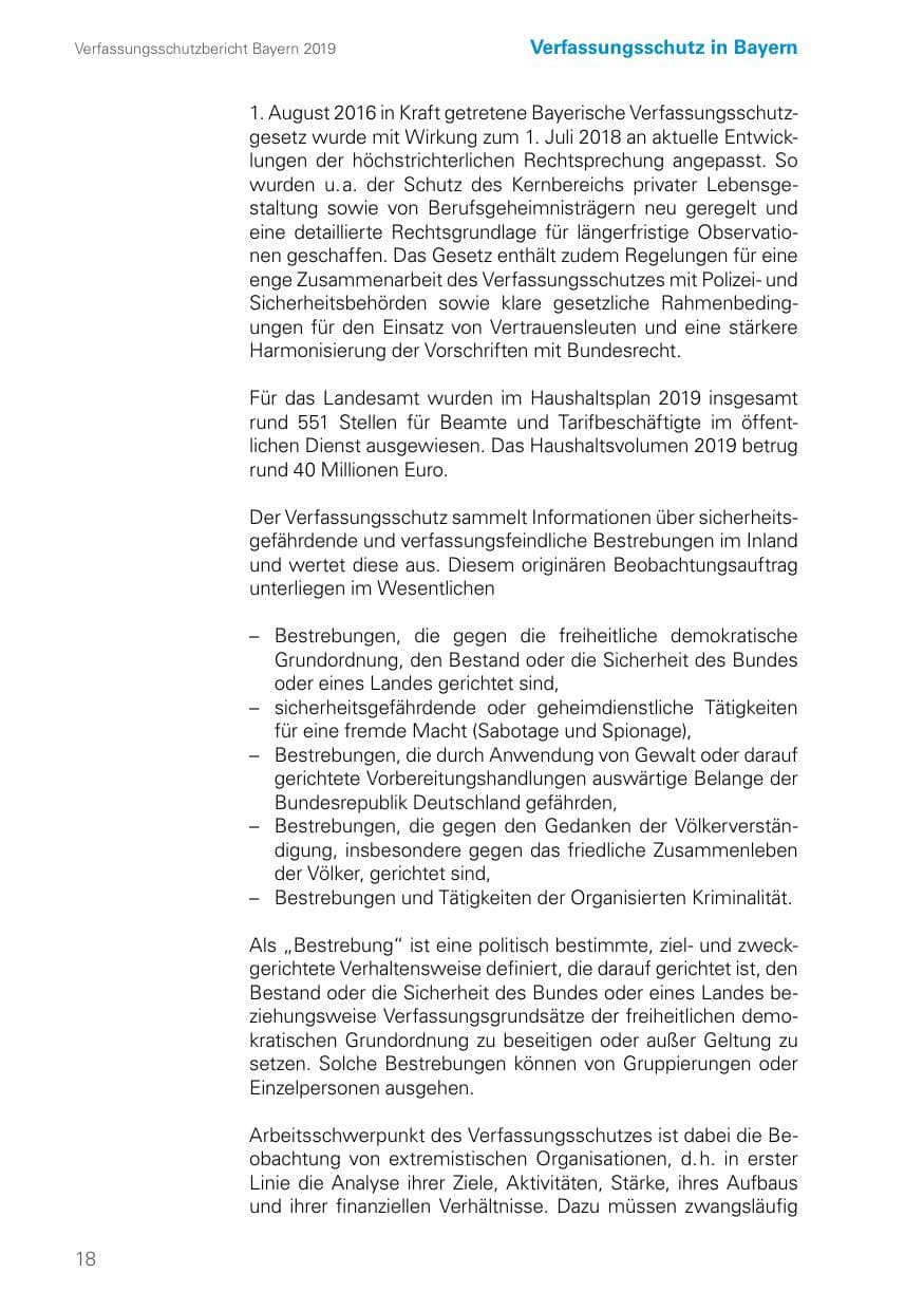 Seite 18 des Verfassungsschutzbericht 2019 Bayern