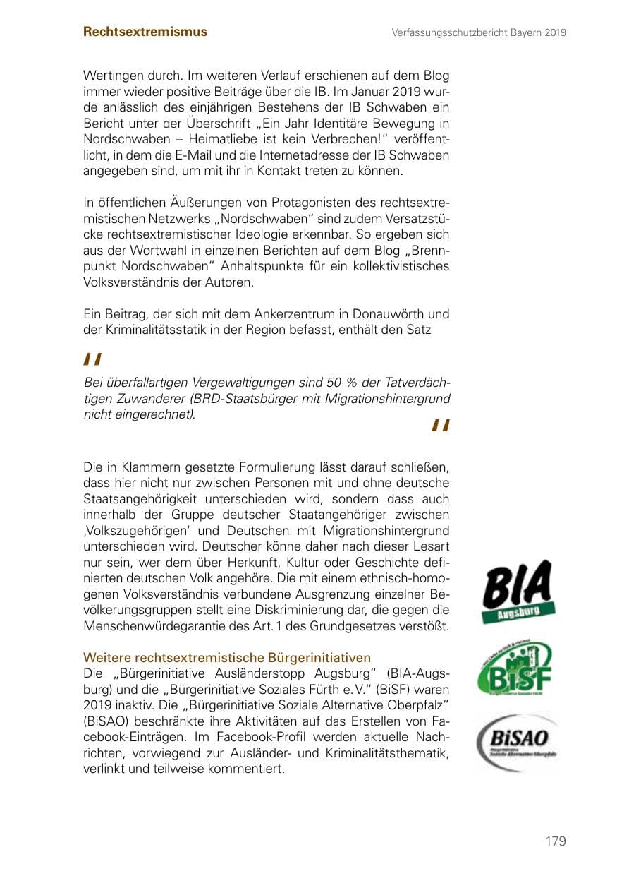 Seite 179 des Verfassungsschutzbericht 2019 Bayern