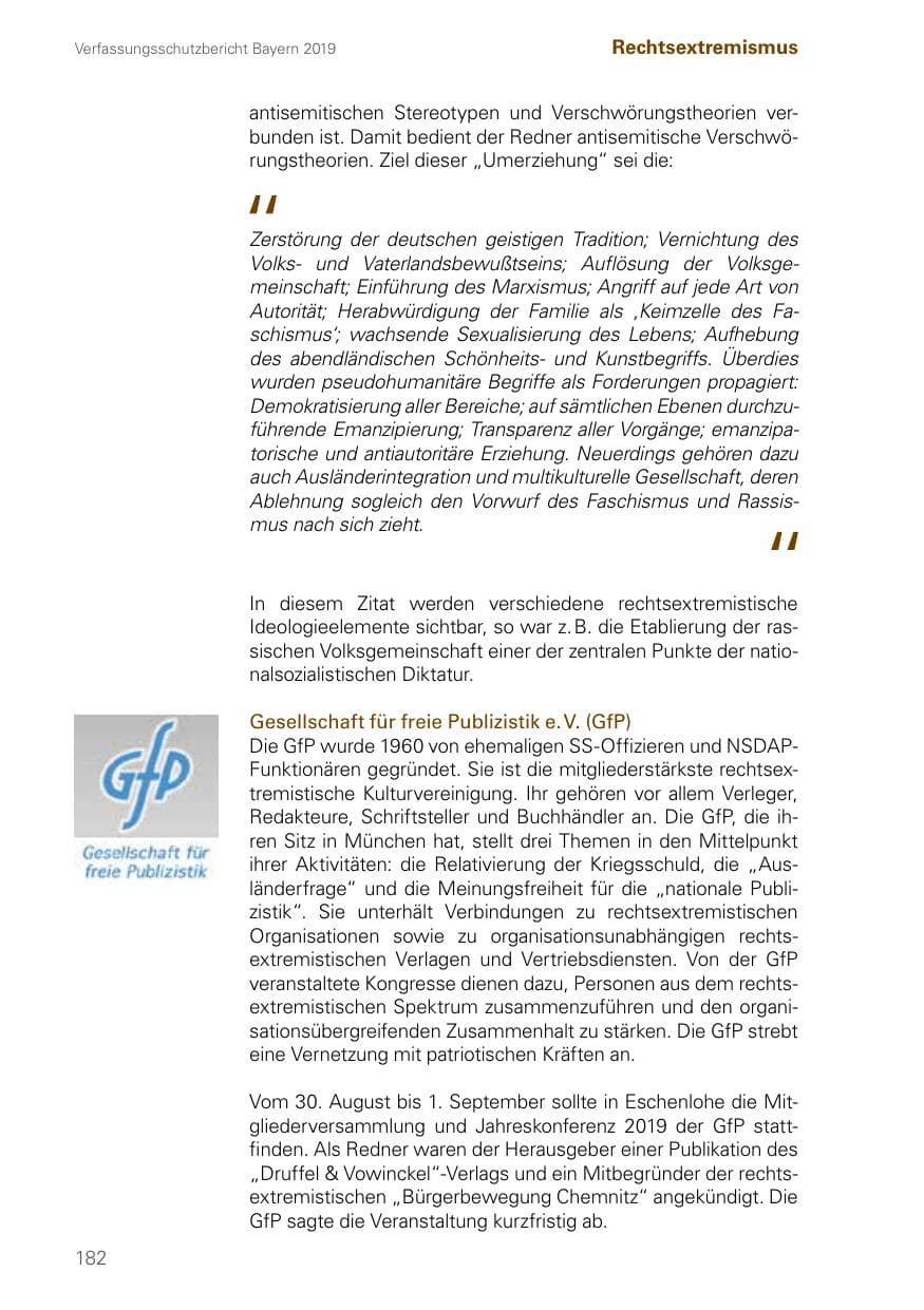 Seite 182 des Verfassungsschutzbericht 2019 Bayern