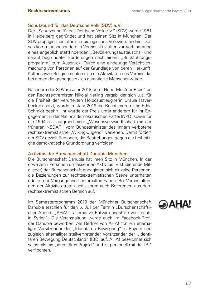 Seite 183 des Verfassungsschutzbericht 2019 Bayern