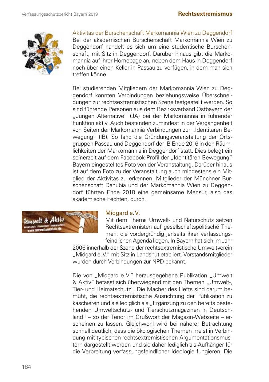 Seite 184 des Verfassungsschutzbericht 2019 Bayern