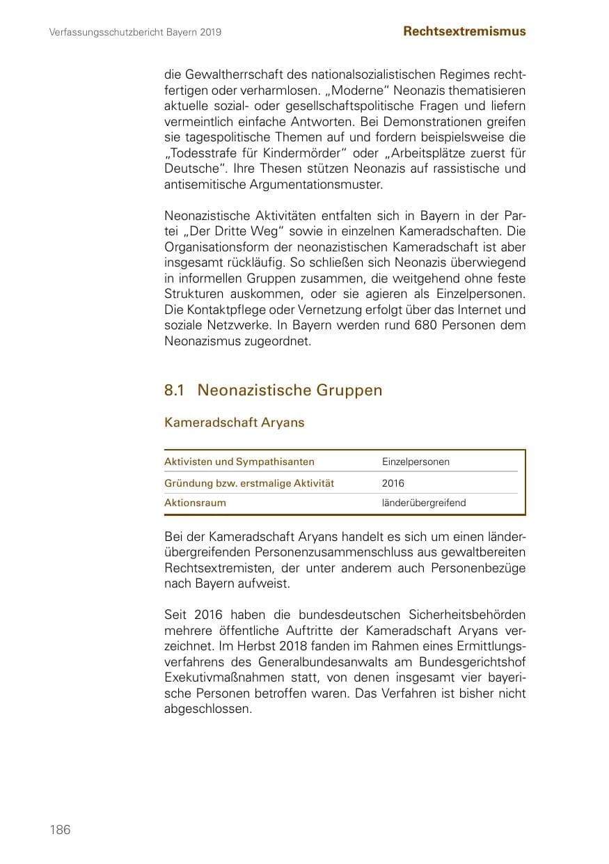 Seite 186 des Verfassungsschutzbericht 2019 Bayern