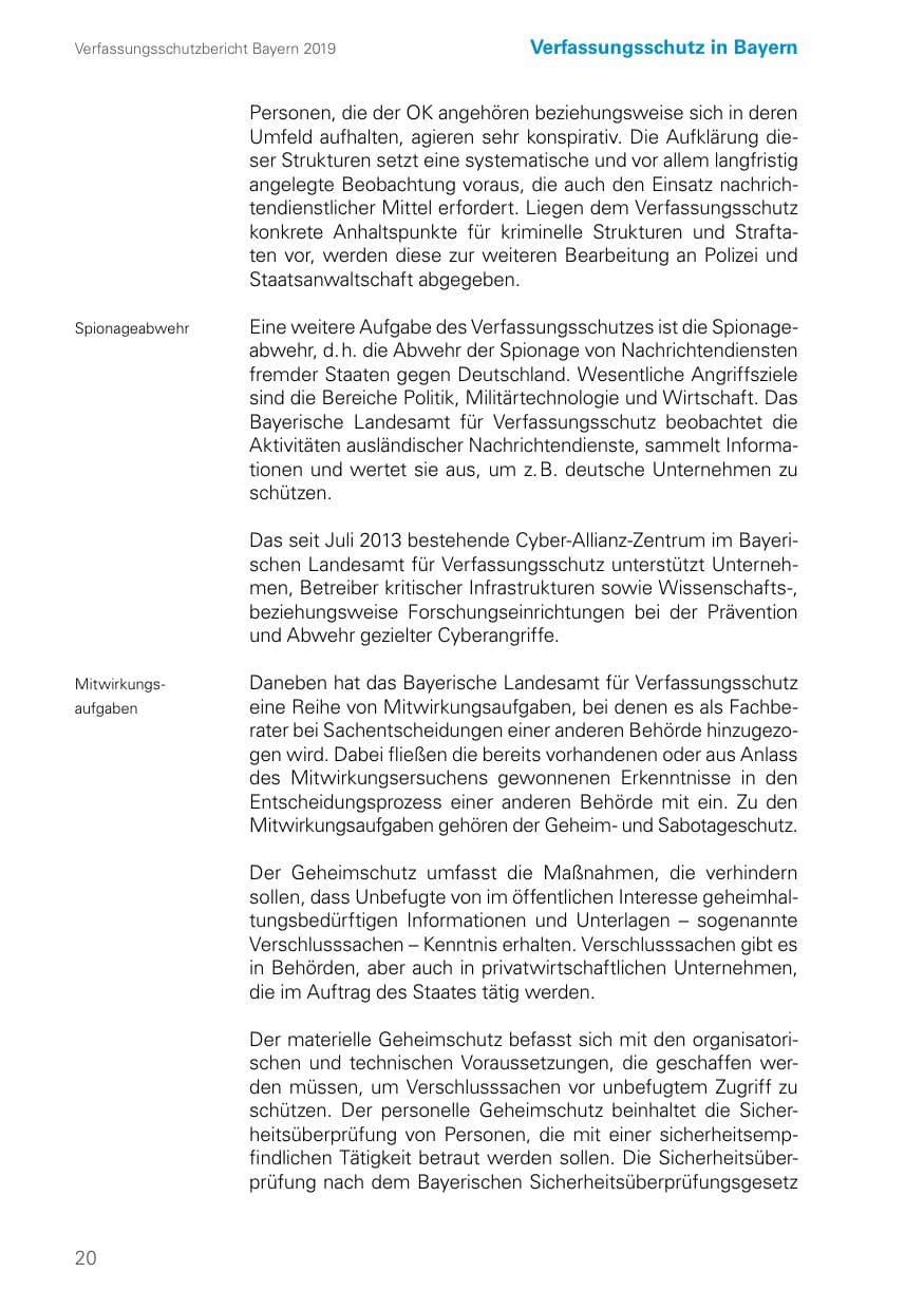 Seite 20 des Verfassungsschutzbericht 2019 Bayern