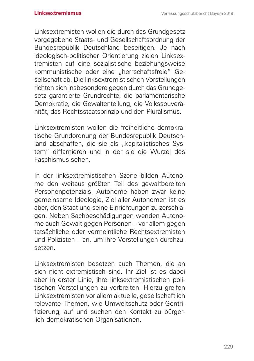 Seite 229 des Verfassungsschutzbericht 2019 Bayern