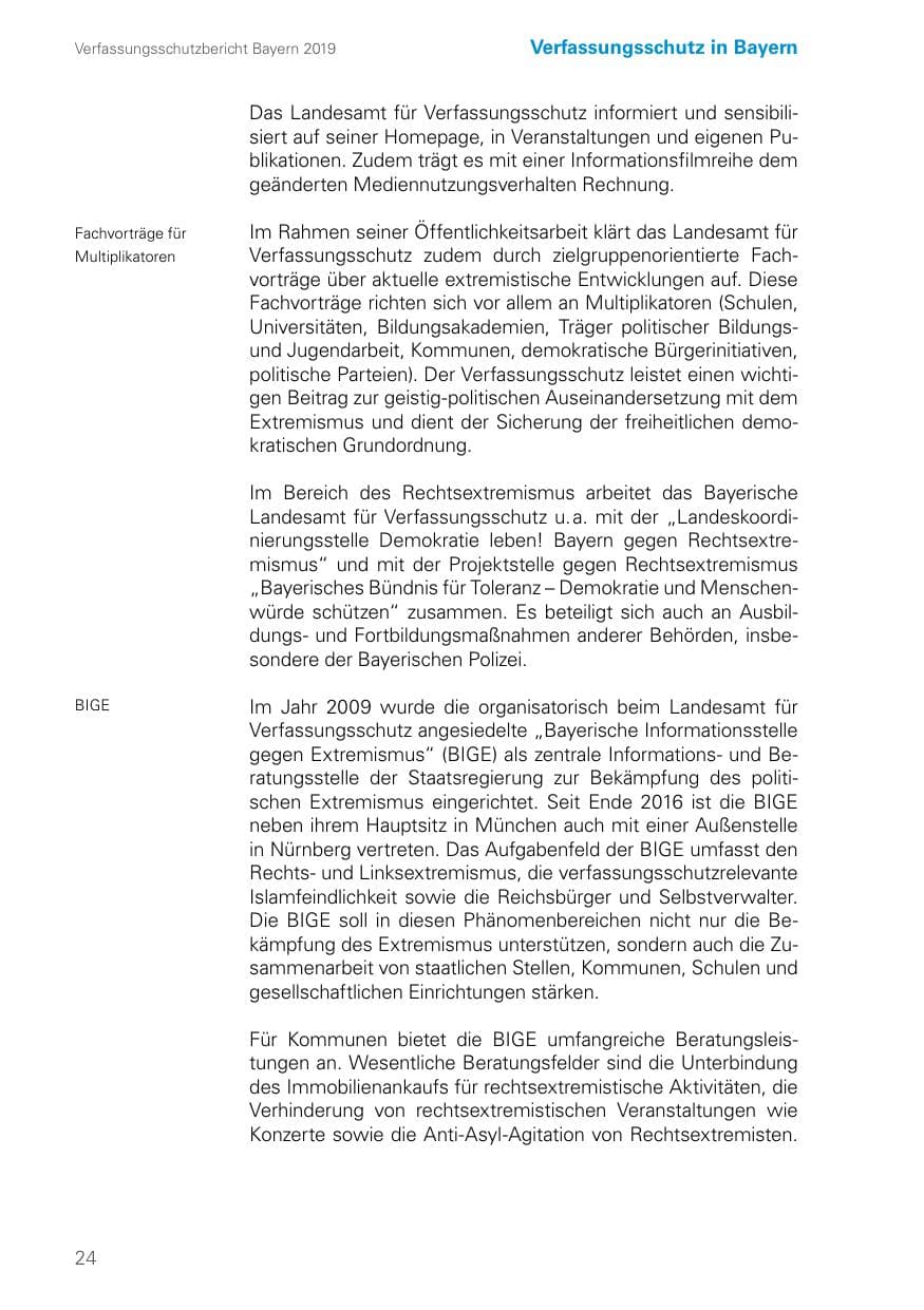 Seite 24 des Verfassungsschutzbericht 2019 Bayern