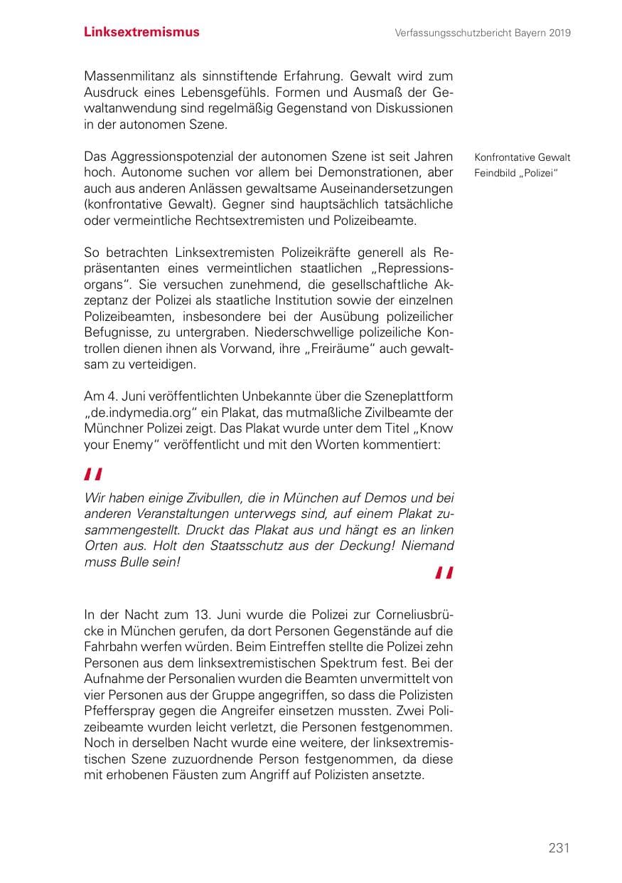 Seite 231 des Verfassungsschutzbericht 2019 Bayern