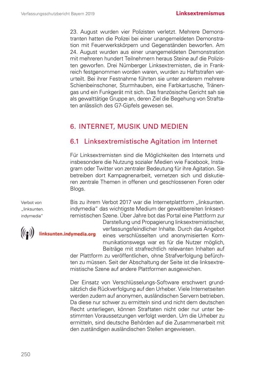Seite 250 des Verfassungsschutzbericht 2019 Bayern