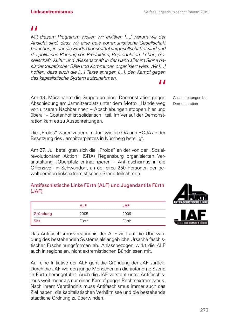 Seite 273 des Verfassungsschutzbericht 2019 Bayern