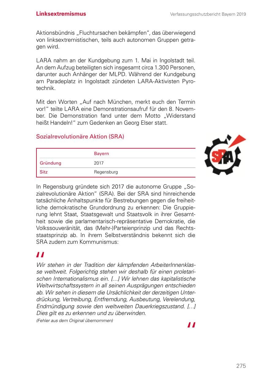 Seite 275 des Verfassungsschutzbericht 2019 Bayern