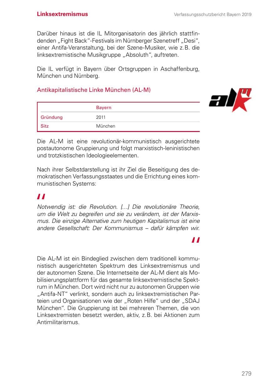 Seite 279 des Verfassungsschutzbericht 2019 Bayern