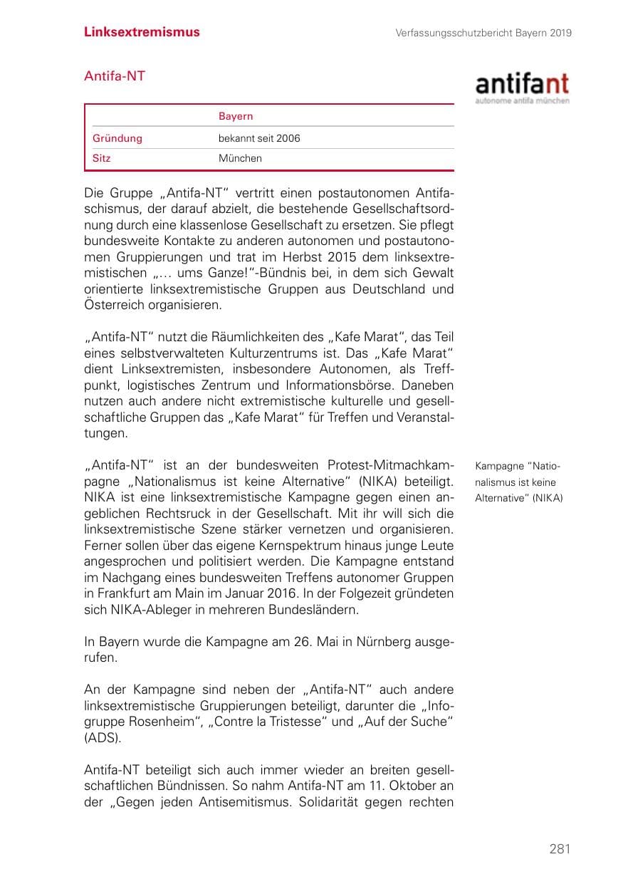 Seite 281 des Verfassungsschutzbericht 2019 Bayern