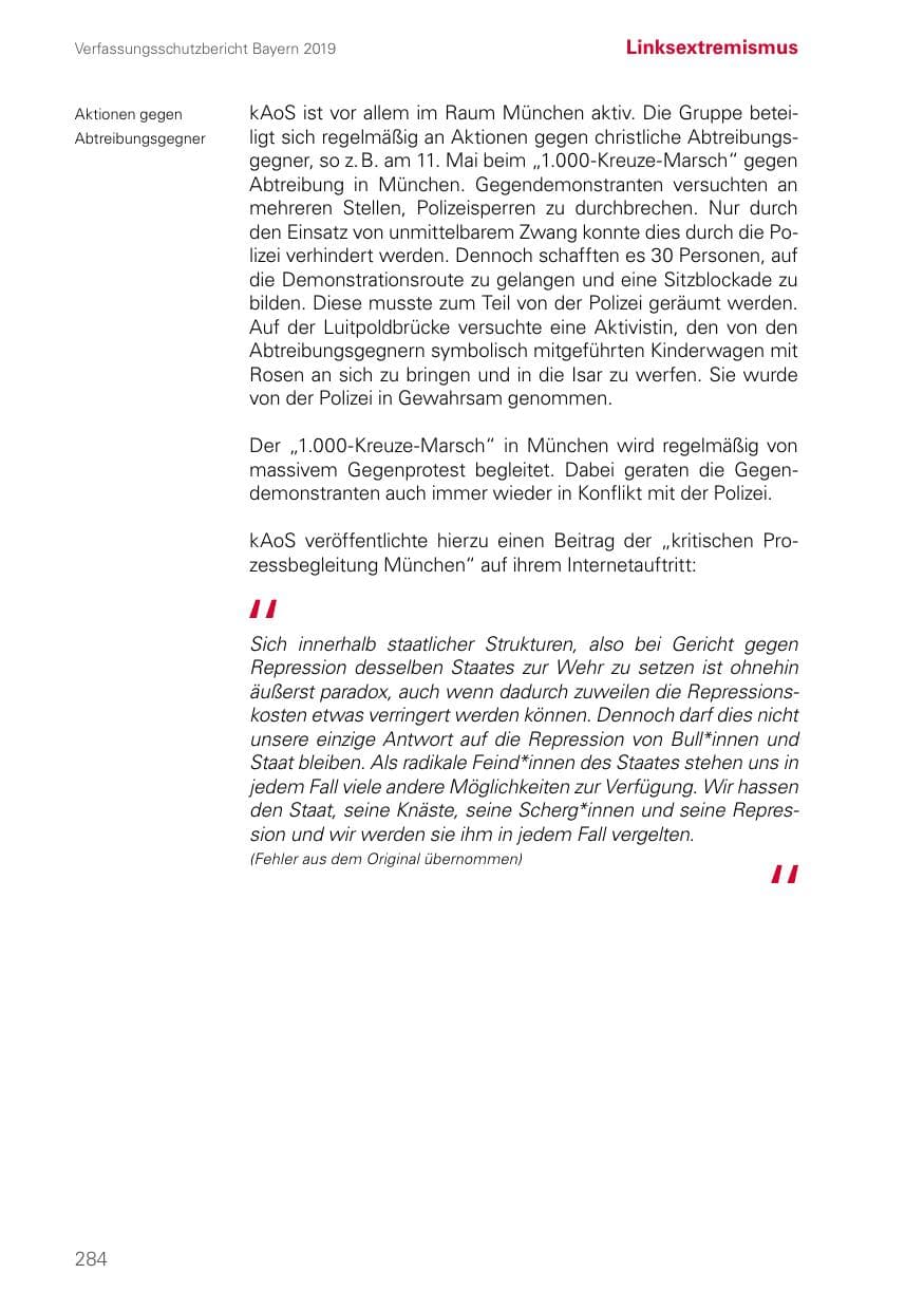 Seite 284 des Verfassungsschutzbericht 2019 Bayern