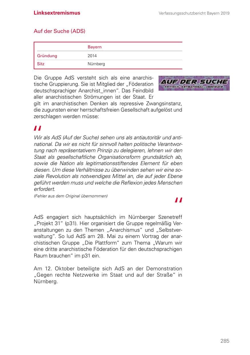 Seite 285 des Verfassungsschutzbericht 2019 Bayern