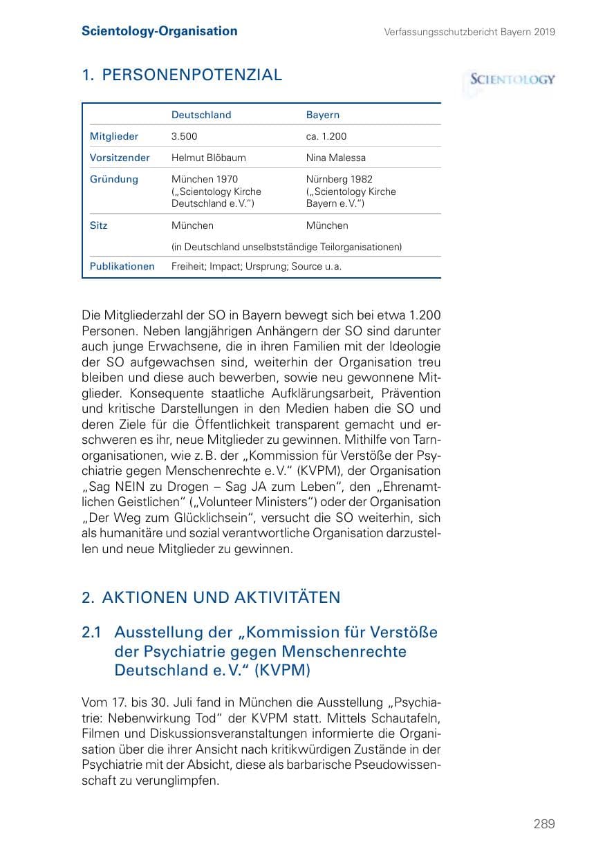 Seite 289 des Verfassungsschutzbericht 2019 Bayern