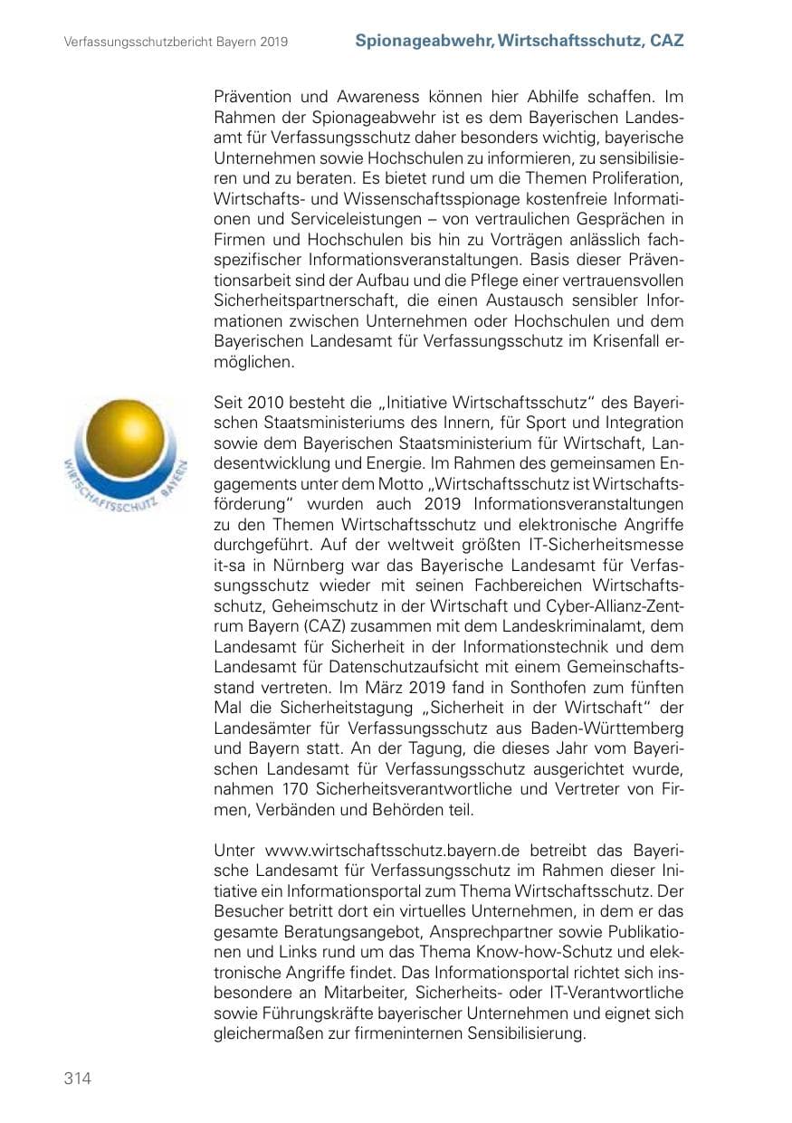 Seite 314 des Verfassungsschutzbericht 2019 Bayern