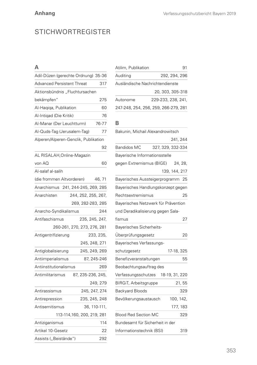 Seite 353 des Verfassungsschutzbericht 2019 Bayern
