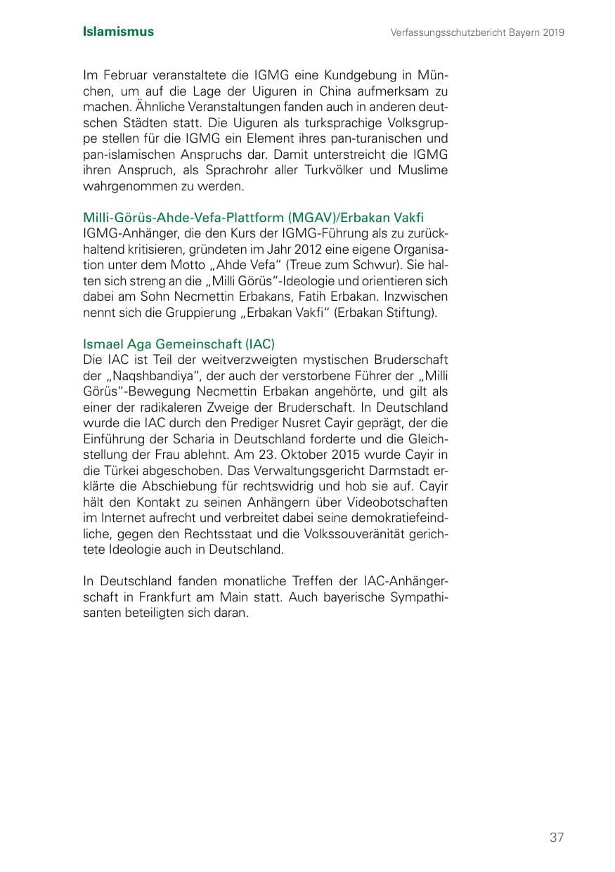 Seite 37 des Verfassungsschutzbericht 2019 Bayern