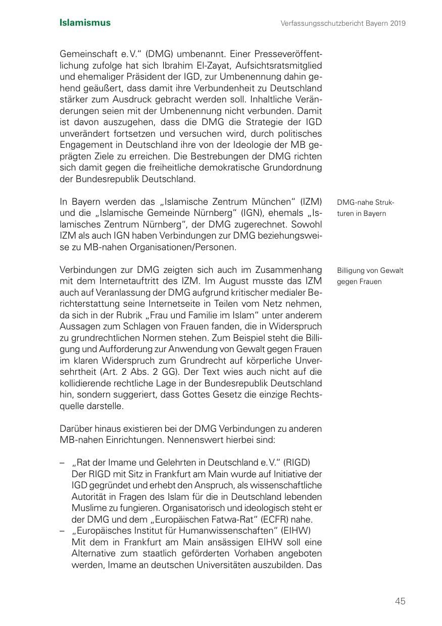 Seite 45 des Verfassungsschutzbericht 2019 Bayern