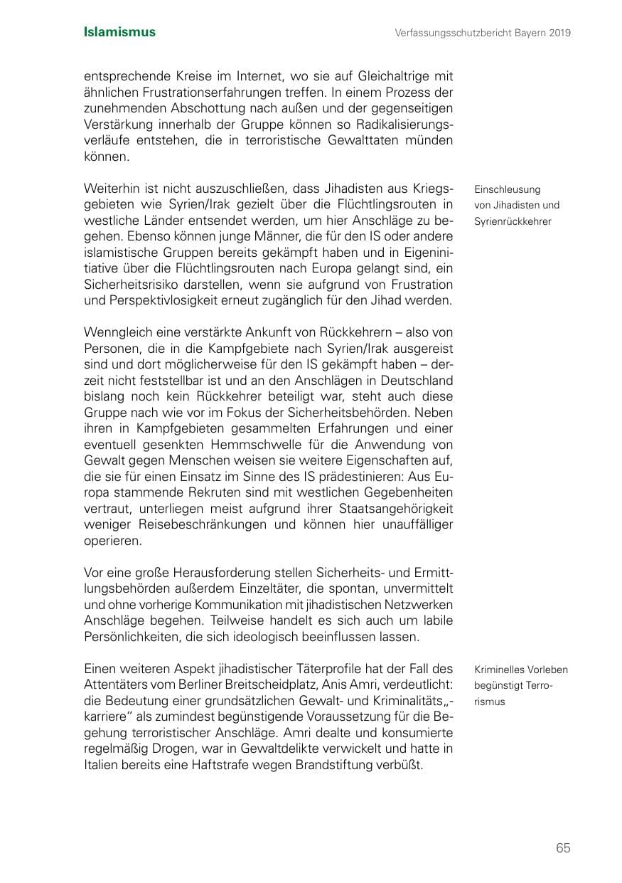 Seite 65 des Verfassungsschutzbericht 2019 Bayern