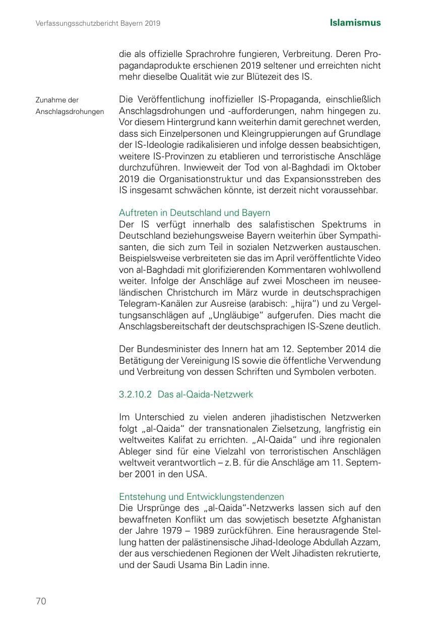 Seite 70 des Verfassungsschutzbericht 2019 Bayern