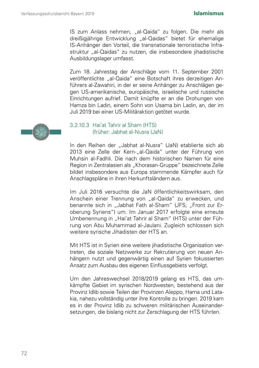 Seite 72 des Verfassungsschutzbericht 2019 Bayern