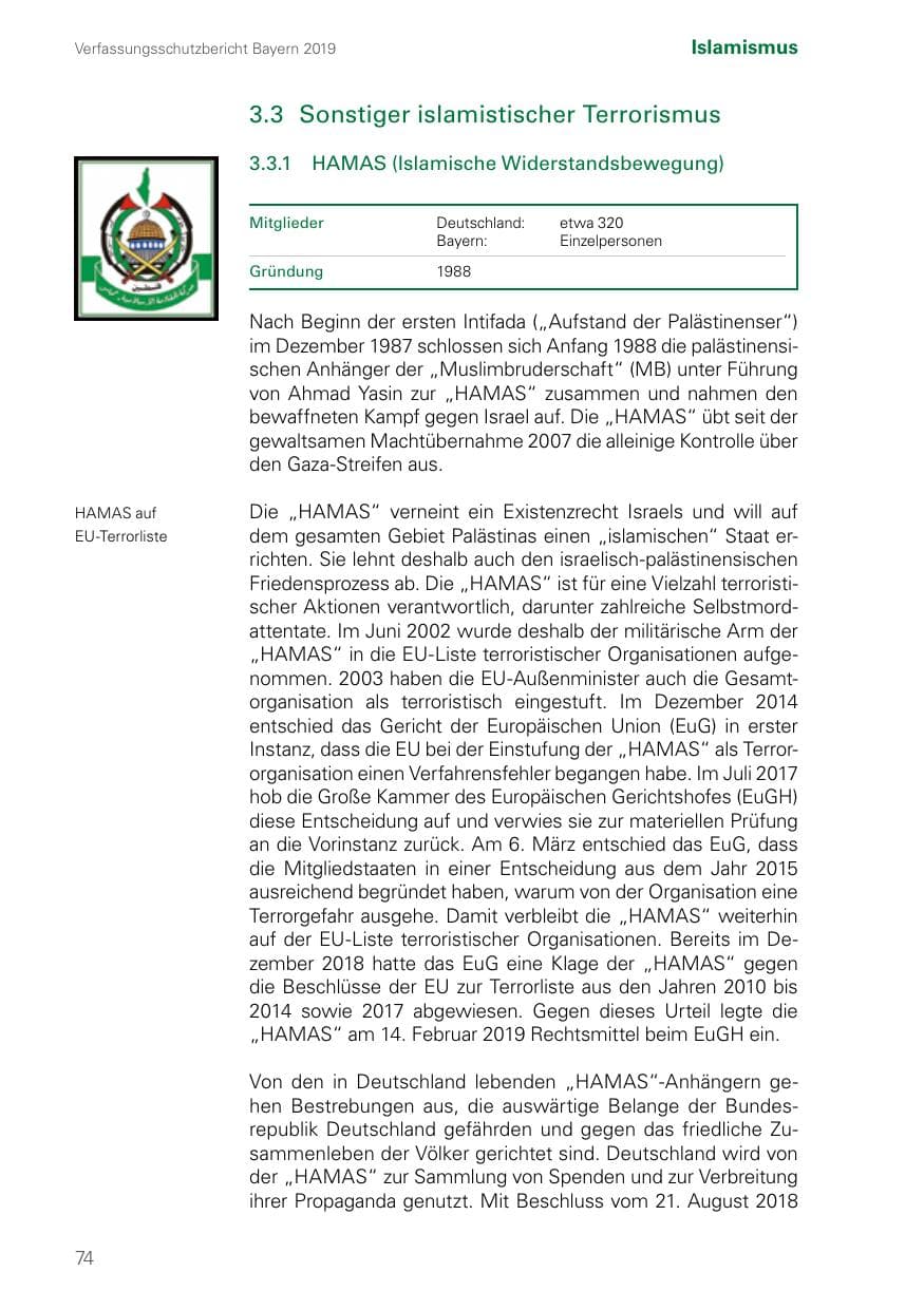 Seite 74 des Verfassungsschutzbericht 2019 Bayern