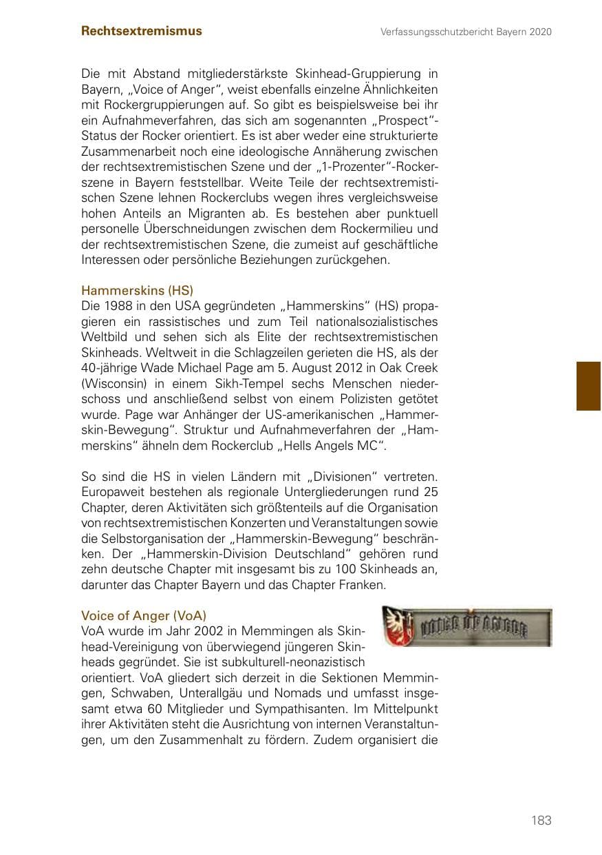 Seite 183 des Verfassungsschutzbericht 2020 Bayern