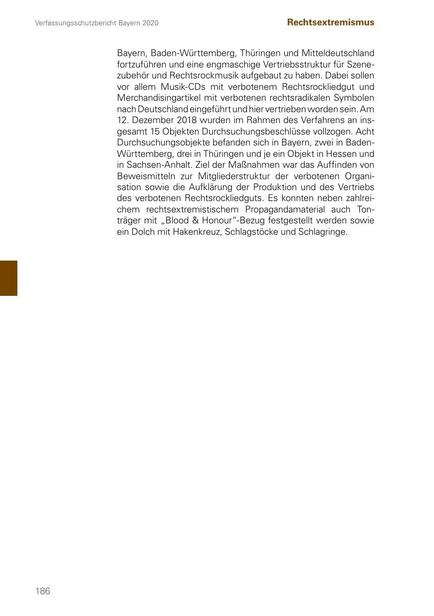 Seite 186 des Verfassungsschutzbericht 2020 Bayern
