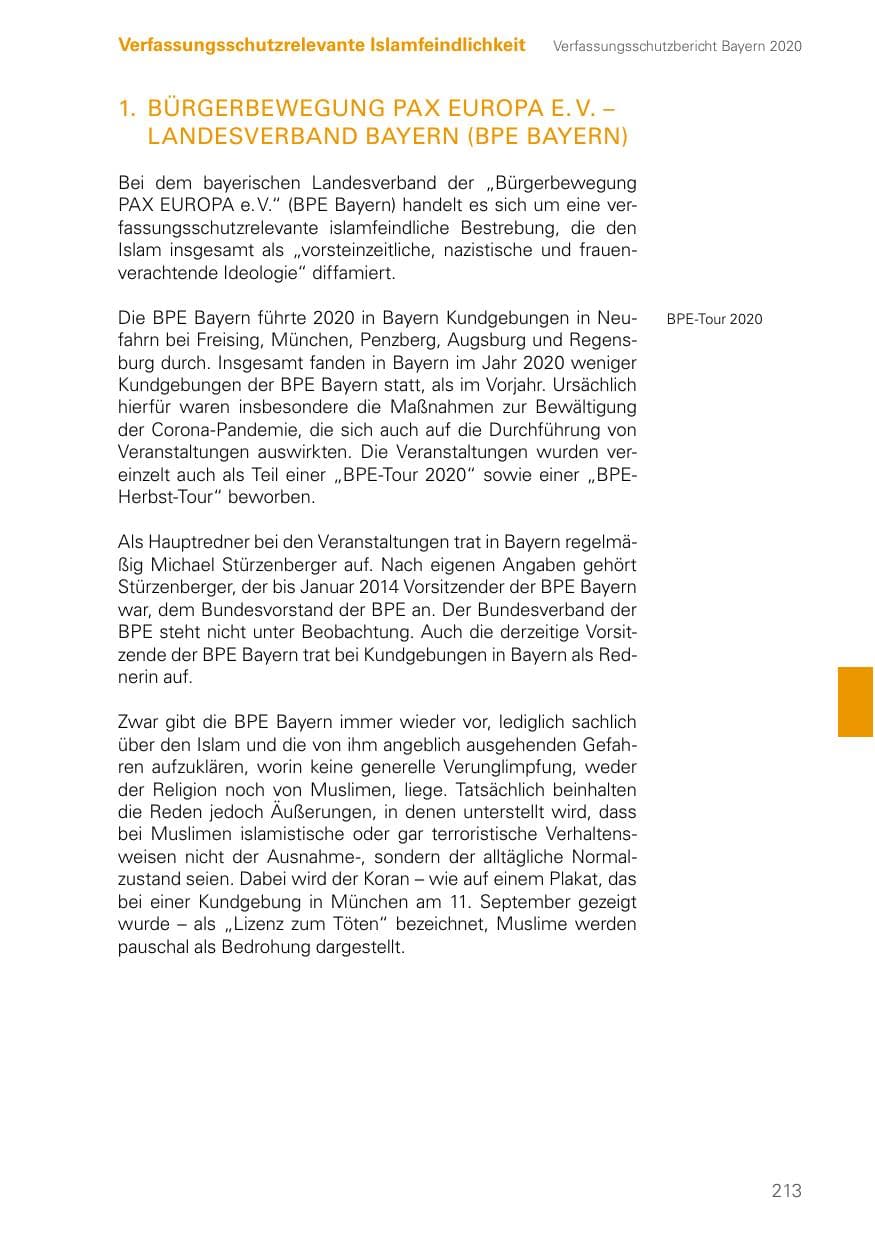 Seite 213 des Verfassungsschutzbericht 2020 Bayern