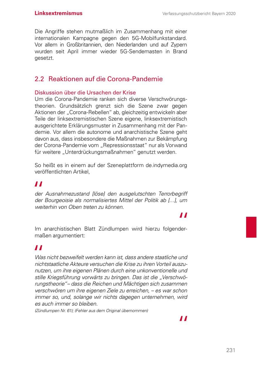 Seite 231 des Verfassungsschutzbericht 2020 Bayern