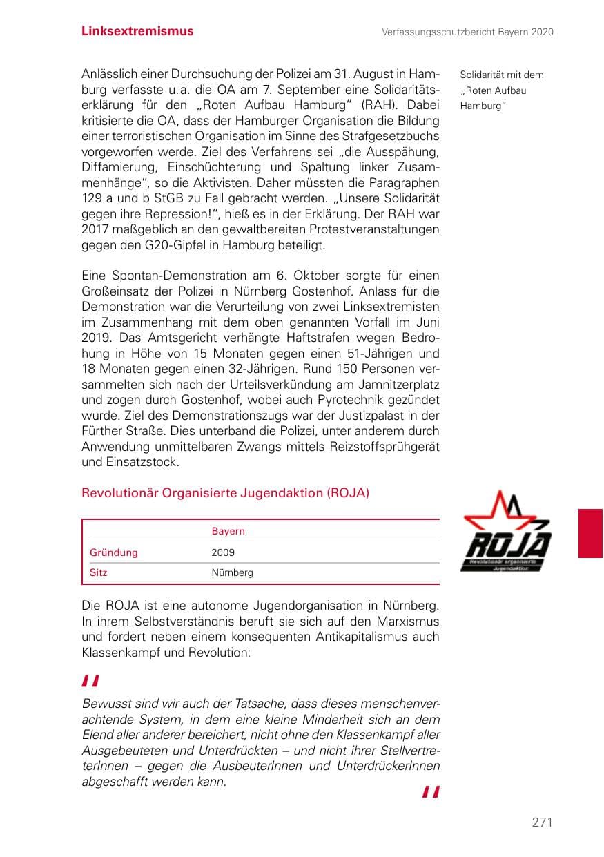 Seite 271 des Verfassungsschutzbericht 2020 Bayern