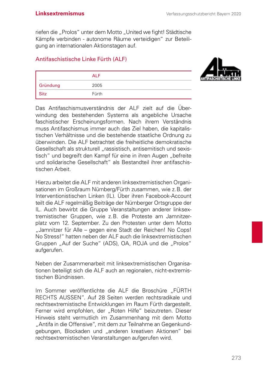 Seite 273 des Verfassungsschutzbericht 2020 Bayern