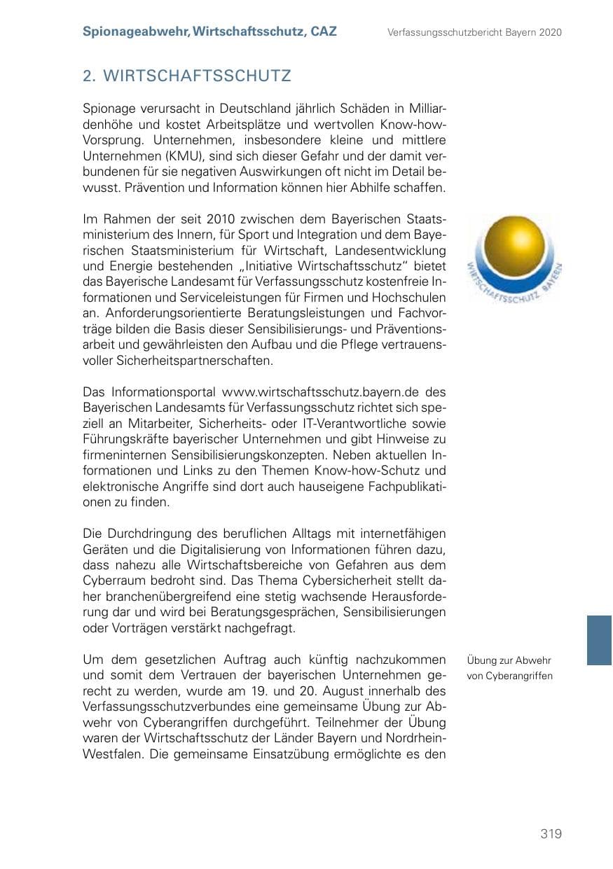 Seite 319 des Verfassungsschutzbericht 2020 Bayern