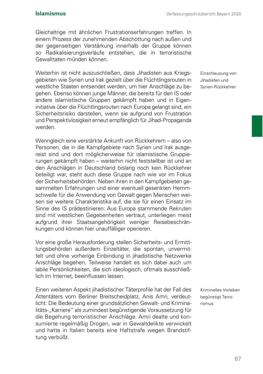 Seite 67 des Verfassungsschutzbericht 2020 Bayern