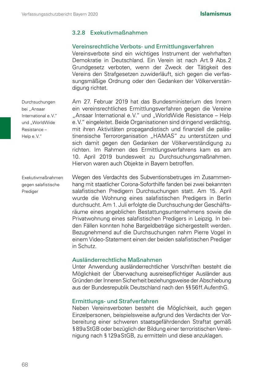 Seite 68 des Verfassungsschutzbericht 2020 Bayern