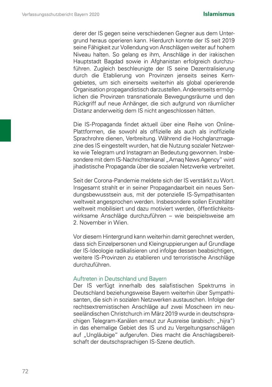 Seite 72 des Verfassungsschutzbericht 2020 Bayern
