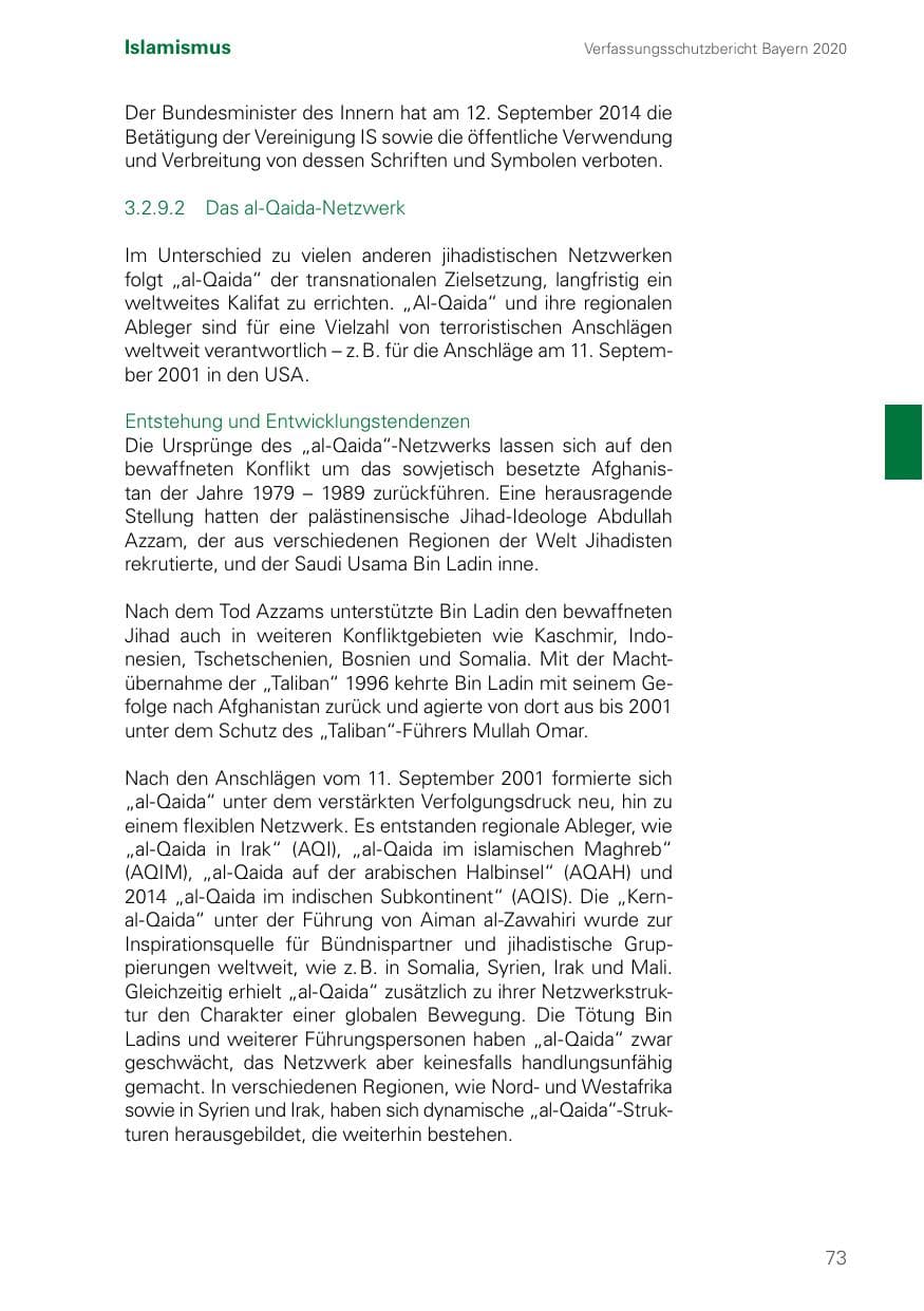 Seite 73 des Verfassungsschutzbericht 2020 Bayern