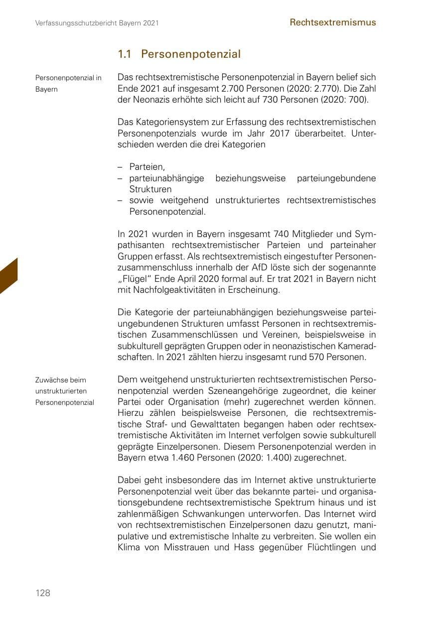 Seite 128 des Verfassungsschutzbericht 2021 Bayern